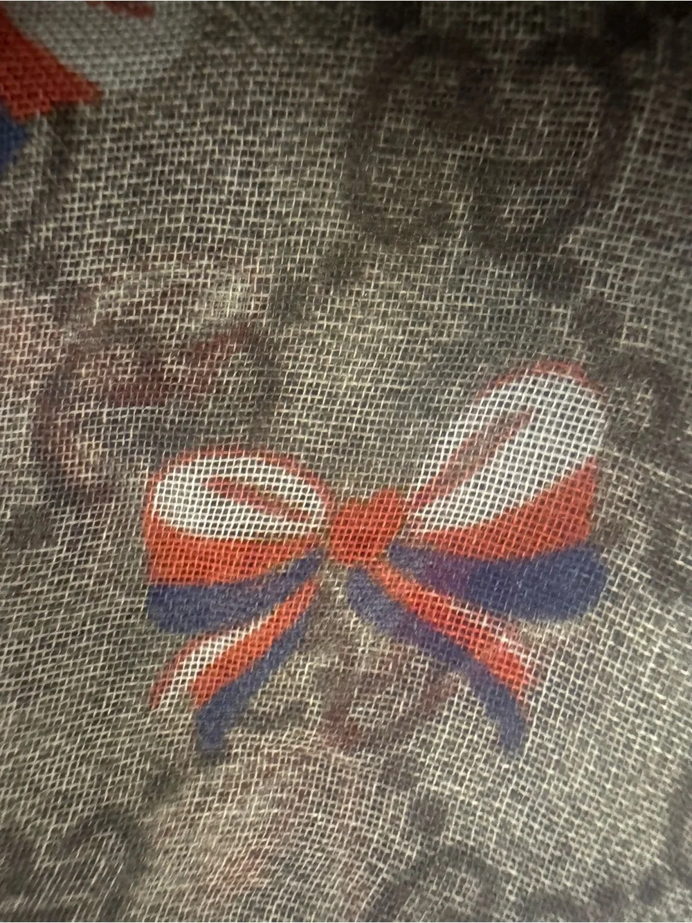 Gucci Beige Brown Monogram Shawl with Red White Blue Bow Accents